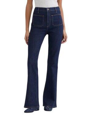 Rivete High Rise Slim Flare Jeans Long inseam Patch Pockets Classic Rinse Wash